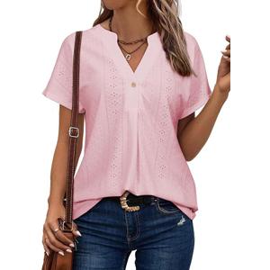 Astylish Womens V Neck Blouses Casual Short Sleeve Buttons Hollow Out Fashion Shirts Tops Dressy (Medium)