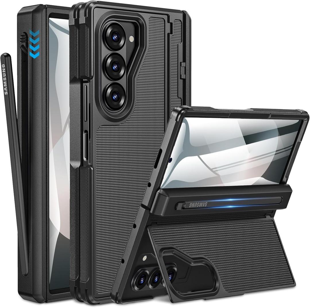 Caka for Samsung Galaxy Z Fold 6 Case [Thinner S Pen Holder] [Hidden Kickstand] [Hinge Protection] [Screen Protector] Full Body Hard Shockproof Phone Cover with Anti-Slip Textured for Fold6 - Black