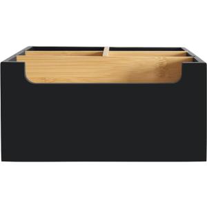 Black Pen Holder for Desk with Adjustable Bamboo Dividers, 5-Slot Wooden Pencil Holder for Desk, Small Remote Control Holder Office Supply Organizer for Bills, Mails, Makeup Brushes