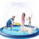 QPAU Splash Pad with Flying Disc for Dogs & Kids  87" Non-Slip Sprinkler Pool, Durable 0.52mm Thick Water Play Mat for Toddlers, Baby, Boys, Girls, Pets  Fun Summer Outdoor Toy (Blue)