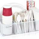 Paper Plate Organizer, Metal Silverware Caddy with 6 Compartments for Knives, Spoons, Cups, Forks, Napkins, Utensil Holder for Party, Camping, Picnic, White