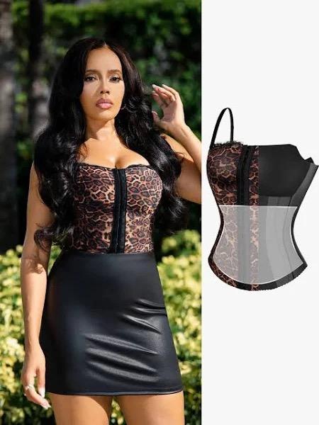 Popilush x Angela Shapewear Corset Top Sculpting Leopard Mesh Detachable Strap, Leopard / 3XL Going Out Bustier Tube Club Tops for Women, 3XL