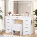 YITAHOME White Vanity Table with Mirror: 46" Makeup Desk with 11 Drawers Magnifying Mirror, Cushioned Storage Stool, Vanity Set with Power Outlet