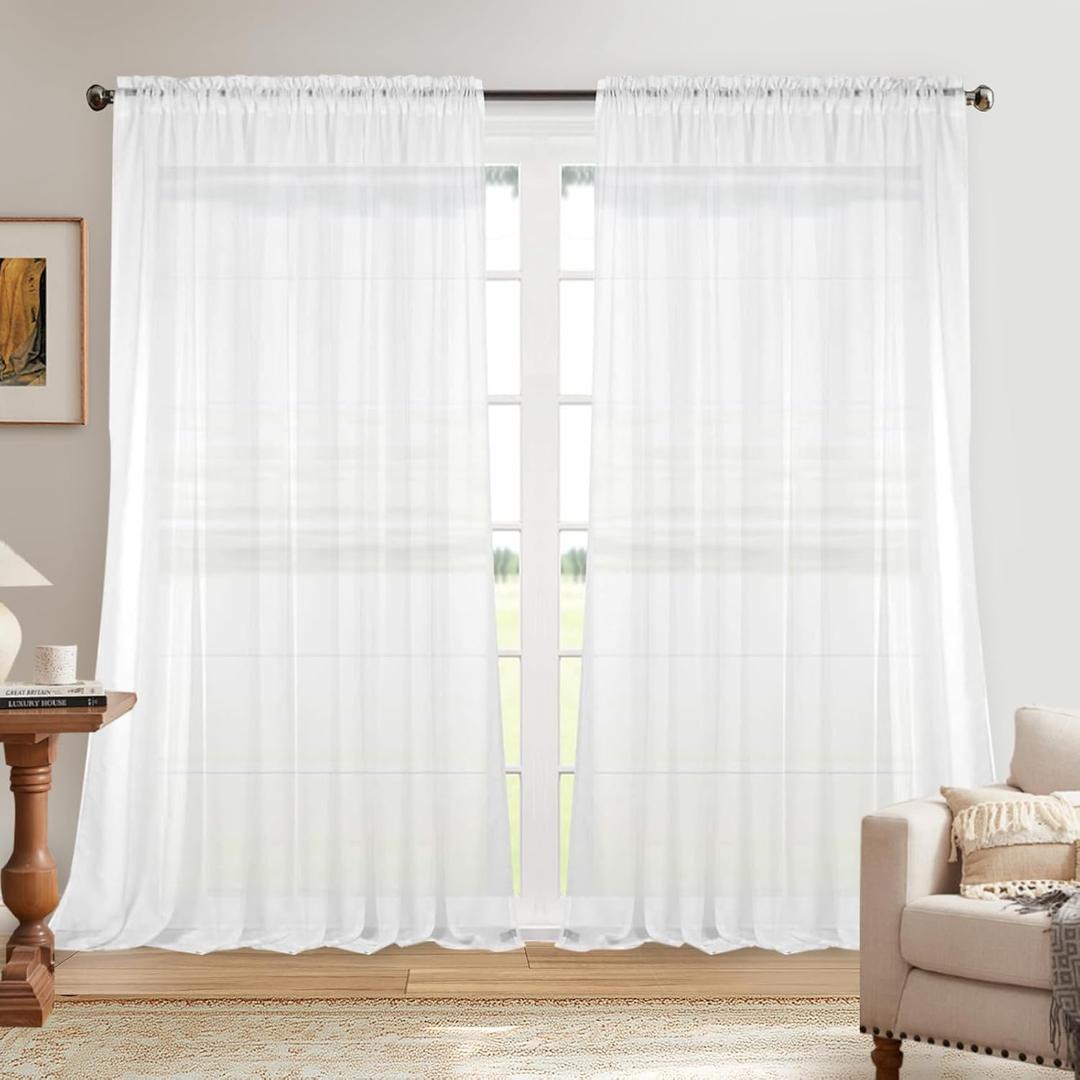 Dreaming Casa Solid Sheer Curtains Draperies White Rod Pocket 2 Panels 100" W x 102" L