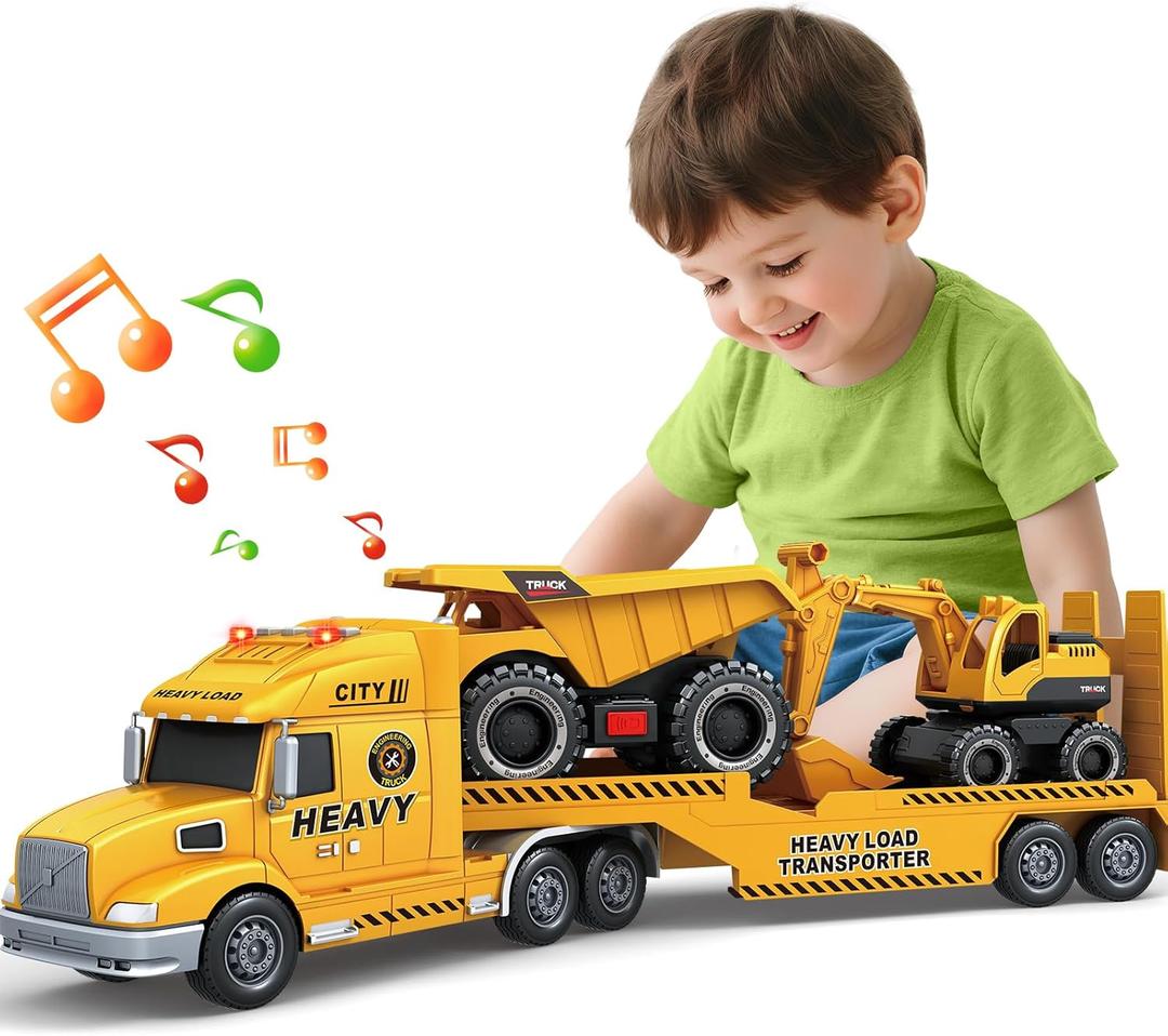 Toddler Boy Toys for 3 4 5 6 7 Years Kids, 27" Semi Construction Carrier Truck Toy with Excavator and Dump Truck, Friction Powered Toys with Lights and Sounds, Birthday for Boy Girls