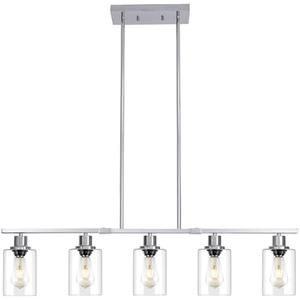 3WWWUEE 39.4" Kitchen Island Lighting, 5 Lights Clear Glass Pendant Light Fixtue, Chrome Linear Metal Chandelier for Dining&Living Room Foyer, Height Adjustable, E26 Socket