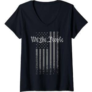 Womens WE The People, US Flag, Vintage Grunge 4th of July 1776 V-Neck T-Shirt, Size S
