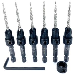 FTG USA 6 Pc #6 (9/64") Countersink Drill Bit Set with Depth Stop Collar, Hex Wrench - Tapered Drill Bits for Wood
