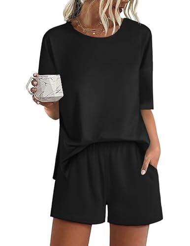 Ekouaer Pajamas for Women Set 2 Piece PJ Soft Comfy Lounge Sets Short Sleeve Tops Shorts Sets Cotton Sleepwear,Size XL, Black