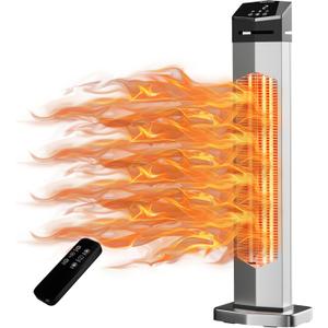 AKIRES 37IN Outdoor Patio Heater,Portable Space Radiant Tower Heaters With IP54 Waterproof,12H Timer,Large Room Heater for Garage Backyard Porch Balcony Shop Patio,Matte Silver