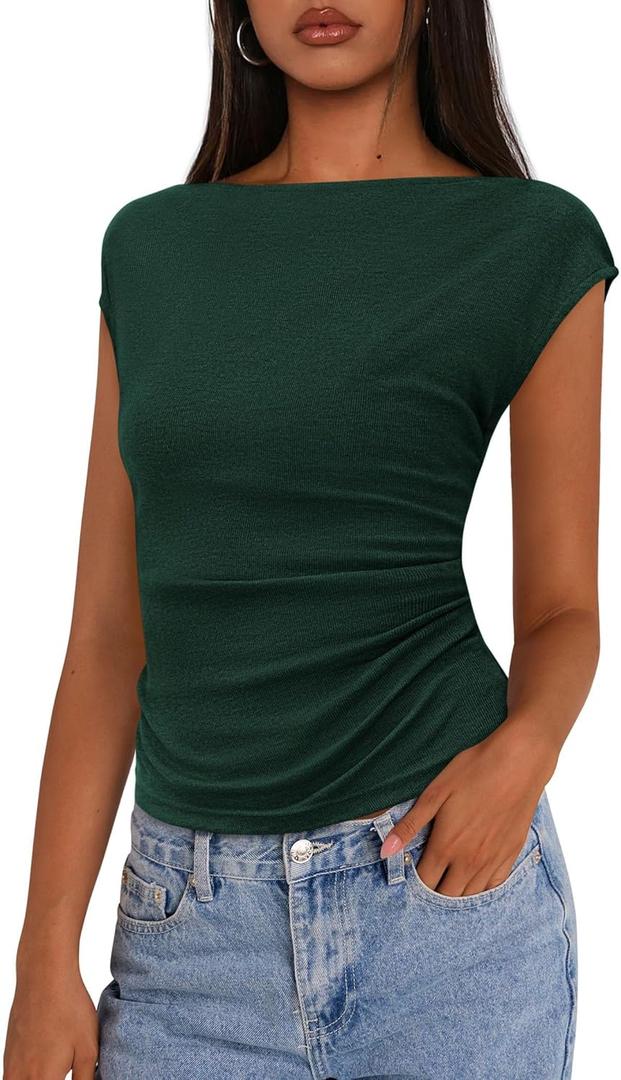 PRETTYGARDEN Women's Ruched Crop Tank Tops 2025 Summer Trendy Cap Sleeve Ribbed Knit Basic Fitted Going Out Tee Shirts (Dark Green, Small)