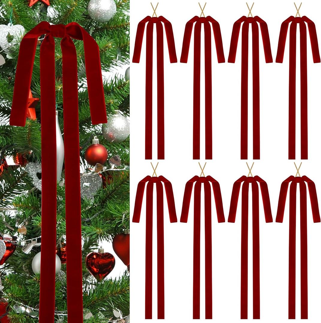 Lavwix 8Pcs Burgundy Long Velvet Ribbon Bows,24x15 Inch Large Bow Christmas Ornaments for Xmas Tree, Wreath, Garland, Swag, Staircase, Fireplace, Door, Holiday Indoor Outdoor Home Decor
