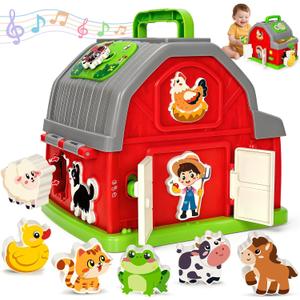 Toddler Toys for 1 2 3 Year Old Boys Girls, Upgraded Musical Farm Animal Barn Toy Gifts, Montessori Fine Motor Skill Learning & Educational Toys, Christmas Birthday Gift for Baby 12-18 Months+