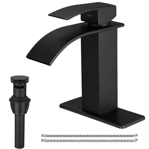 BATHLAVISH Matte Black Waterfall Bathroom Faucet Single Hole Single Handle Bathroom Sink Faucet with Pop Up Drain Modern Faucets for Lavatory Vanity Sink 1 or 3 Hole Deck Mount