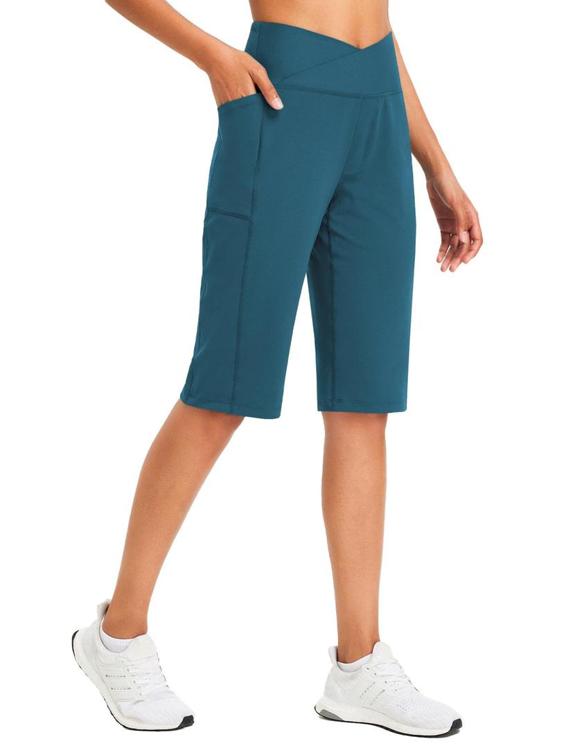 baleaf Bermuda Shorts for Women Knee Length 14" Long Shorts with Pockets Athletic Summer Casual Walking Blue XL (Blue)