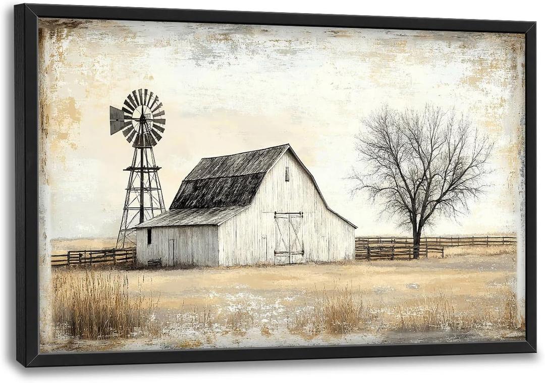 Olivine Barn Large Wall Art, Rustic Farmhouse Pictures Wall Decor, Country Wood Grain Painting, Windmill Canvas Prints, Framed Artwork for Dining Room Living Room Bedroom Bathroom Office Home 36"x24", Barn  