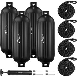Boat Fenders 4 Pack 8.5 x 27 Inches Ribbed Twin Eyes Boat Fenders Bumpers for Docking, Comes with Ropes and Pump to Inflate (Obsidian Black)
