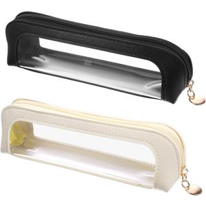 2PCS Clear Makeup Bag, Portable Small Clear Makeup Bag, Small PU Leather Waterproof Makeups Brush Bags with Zipper, Essential for Home and Travel (Apricot Black)