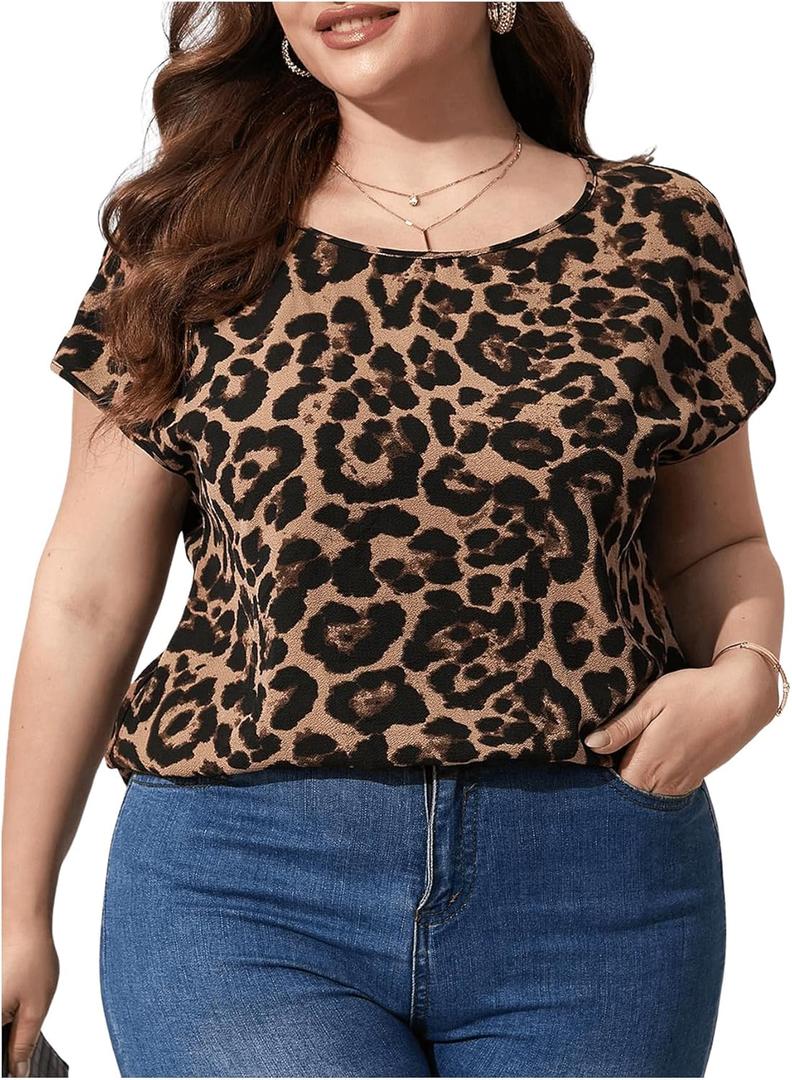 Women's Plus Size Leopard Print Blouses Shirts Dolman Short Sleeve Crew Neck Casual Shirts (Multicolor, Large)
