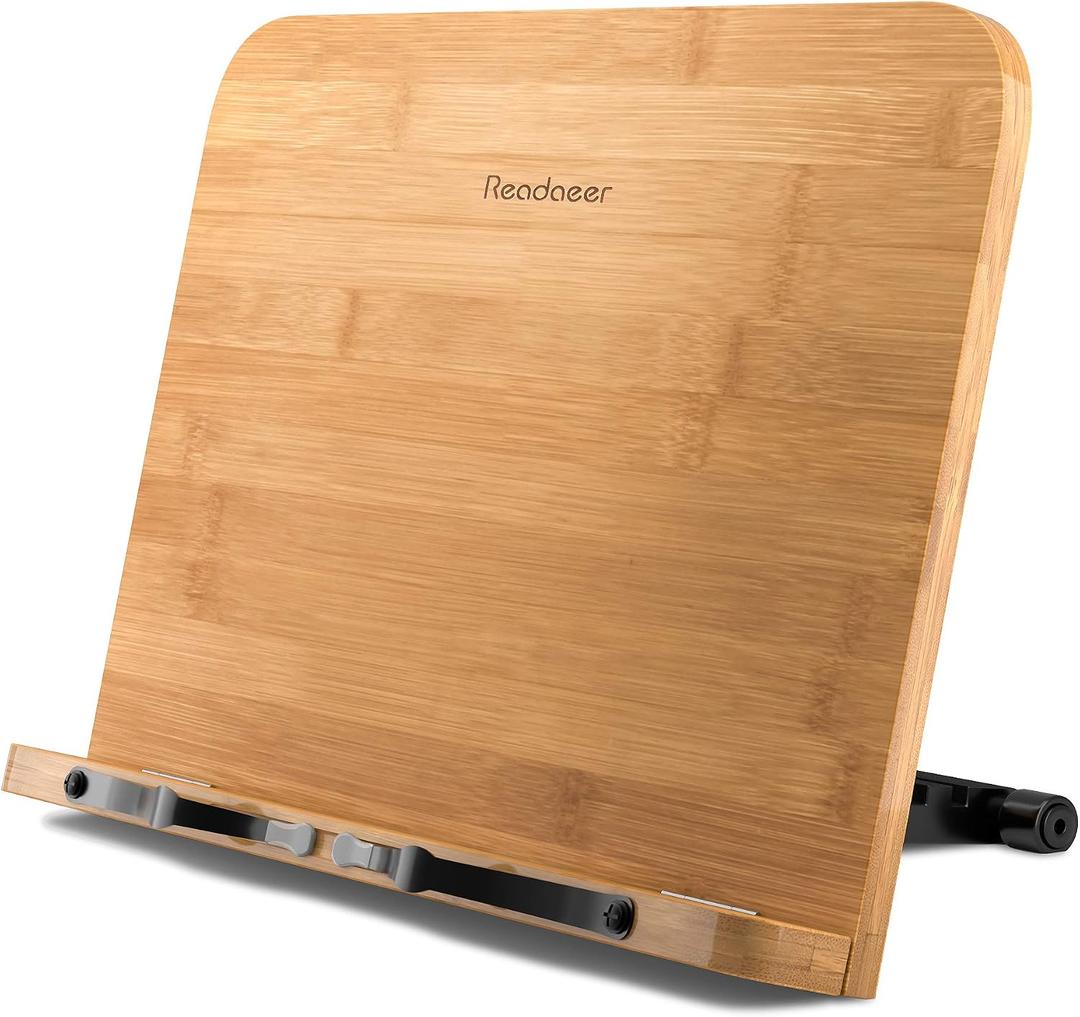 Readaeer Bamboo Book Stand, Large Book Holder with 6 Adjustable Height, Foldable Cookbook Stand Desktop Document Holder for Kitchen & Office (13.4 x 9.3 Inch)