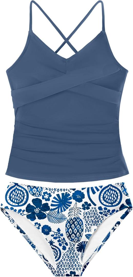 Girls Swimsuit Tankini Criss Cross Ruched 2 Piece Bathing Suit Printed Girl Swimwear for Teens 9-16Y (13-14 Years, Blue)