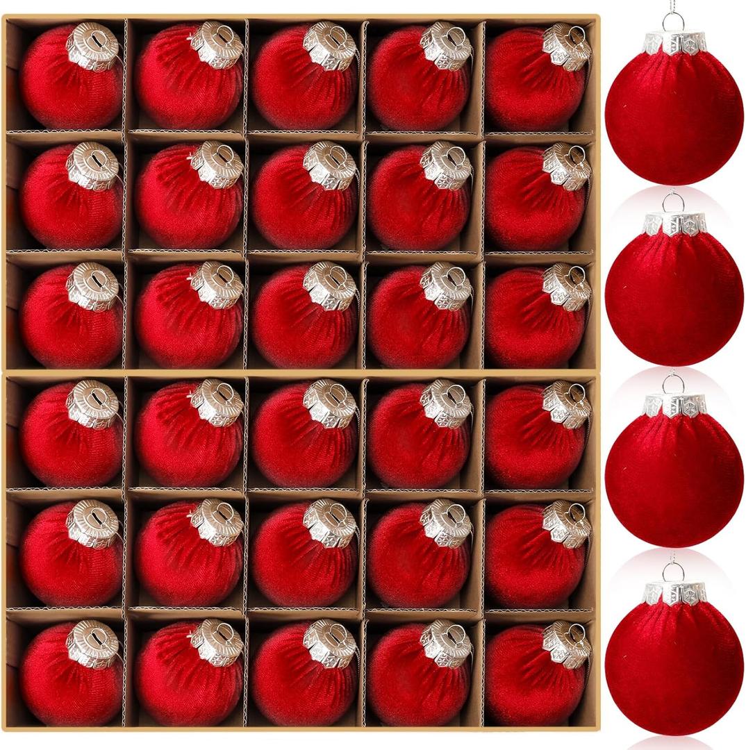 30Pcs Burgundy Velvet Christmas Balls, 2.36 Inch Velvet Ornaments for Christmas Tree, Shatterproof Plastic Hanging Baubles Ball Xmas Bulbs Christmas Decorations for Home Office Party Indoor