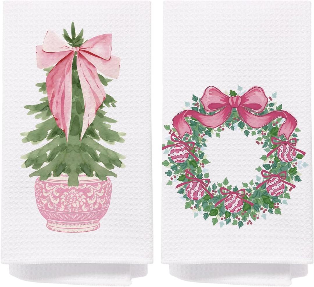 Chinoiserie Christmas Kitchen Towels, Pink Bow Coquette Christmas Tree Dish Towels for Kitchen Bathroom, Pink Christmas Hand Towels for Bathroom Kitchen, Grandmillennial Decor,16x24 Inches Set of 2