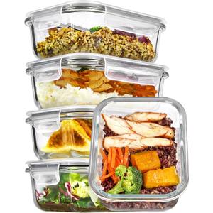 Vtopmart 5Pack 22oz Glass Storage Containers with Lids, Grey
Glass Meal Prep Food Container Sets, Snap Airtight Lid, For Microwave, Oven, Freezer and Dishwasher, BPA Free