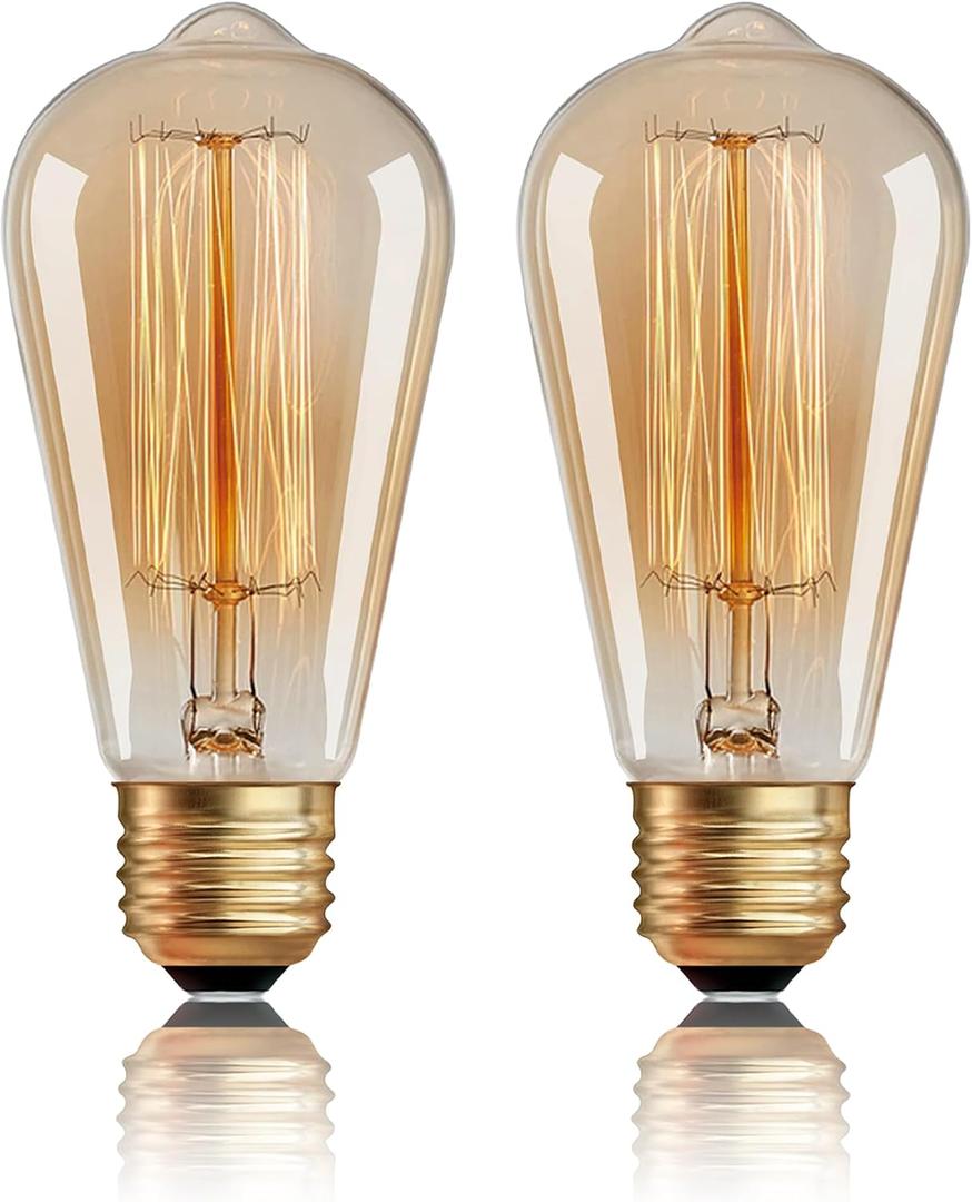 ST64 Incandescent Light Bulbs Antique Edison Light Bulbs 110V 60W 2 Pack,280LM 2200K Amber, Dimmable E26/E27 Base Vintage Bulbs Decorative Incandescent Bulb for Chandeliers Wall Sconces