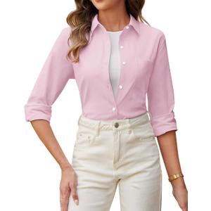 Button Down Shirts for Women Wrinkle Free Oxford Shirt Casual Business Long Sleeve Solid Work Blouse with Pocket (Pink, S)