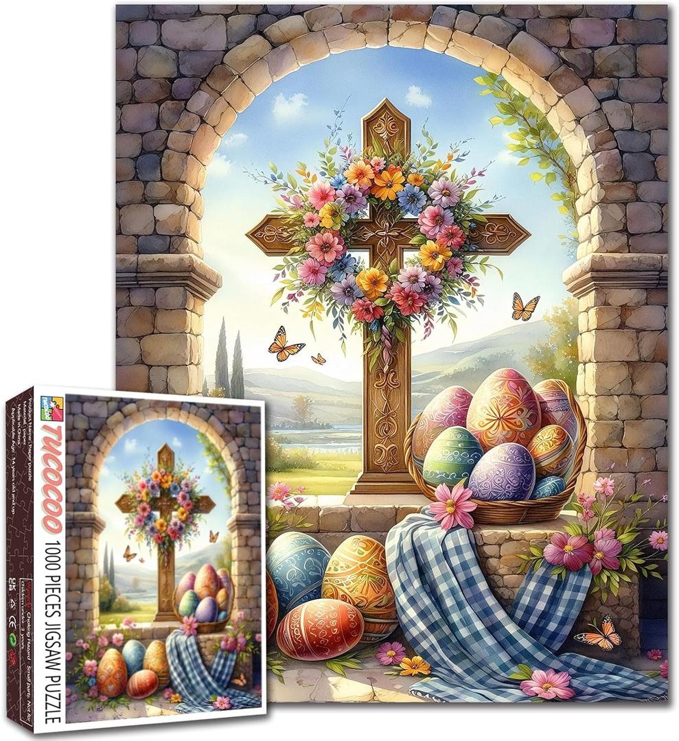 Cross Christian Puzzles 1000 Pieces for Adults Easter Eggs Jigsaw Puzzle Religious Challenging Family Activity Decorations for Home Wall 19.7 X 27.6 Inches