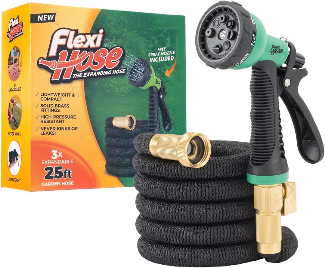 Flexi Hose Expandable Garden Hose with 8 Function Nozzle, 25FT - Lightweight Retractable Garden Hose, Water Hose - No-Kink Flexibility, 3/4 Inch Solid Brass Fittings and Double Latex Core (Black)