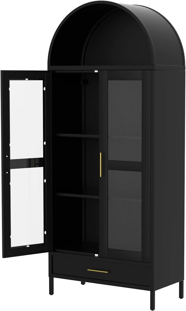 GarveeHome 73" Tall Arched Metal Storage Cabinet with Glass Doors & Drawer,Freestanding Pantry Cabinet with Adjustable Shelves, Modern Accent Bookshelf for Dining Room/Living Room, Black