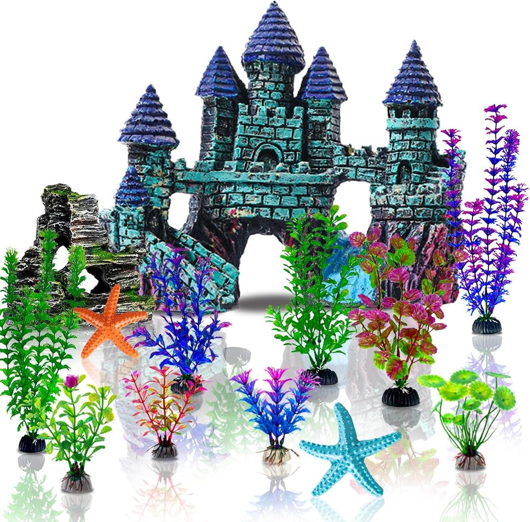 13 Pieces Aquarium Decorations Kit, Fish Tank Decorations Set Small Resin Castle and Rockery Betta Fish Cave Hideout Coral Artificial Plastic Plants Ornament Accessories (Blue,green,purple)