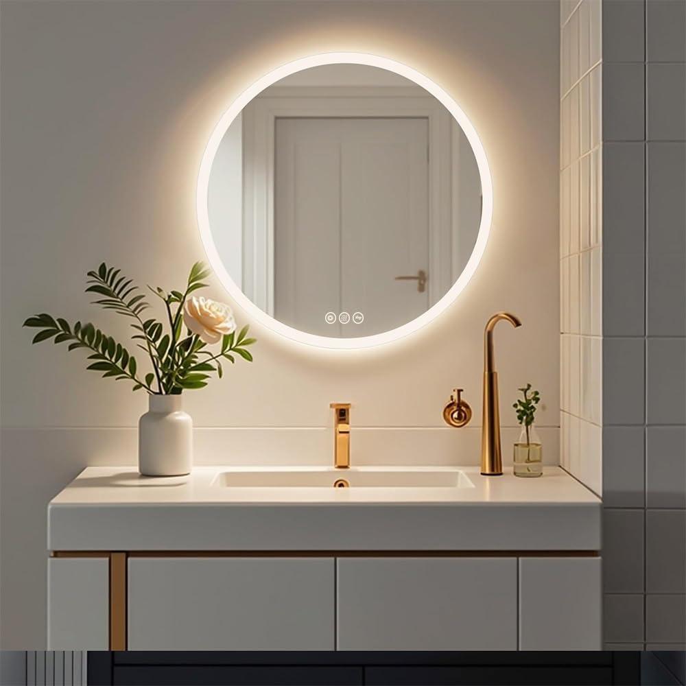 Bathroom Round LED Mirror with Lights 28 Inch LED Vanity Mirror 3-Color Anti-Fog Lighted Bathroom Mirror Wall Mounted Smart Bathroom Mirror with Touch Button Dimmable LED Bathroom Mirror (28"L x 28"W, Luna)