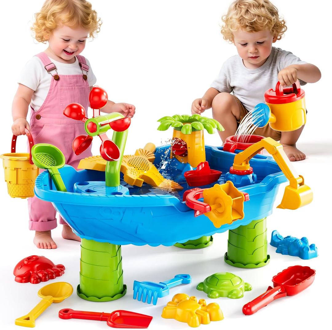 Kids Sand Water Table for Toddlers 1-3 3-5 Years, Outdoor Activity Play Set with Beach Toys, Shovels & Molds, Summer Outdoor Beach Outside Backgard Sensory Toys for Kids Boys Girls 1.5+ Years