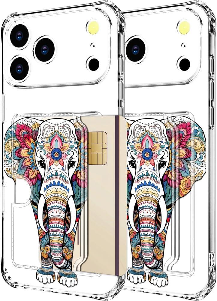 Hungo Compatible for iPhone 17 Pro Max Case Wallet with Card Holder,Ultra Thin Slim Cute Girly Skin Cases Protector with Airbag Bumper for Women Girls (Clear Mandala Floral Elephant)