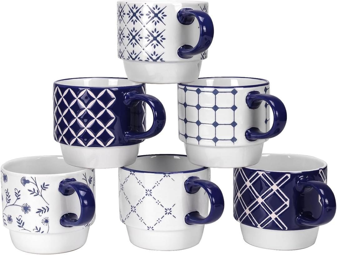 Schliersee 12 OZ Stackable Ceramic Coffee Mugs set of 6, Geometric Floral Pattern Small Mug, Blue White Porcelain Coffee Mug, Stacking Coffee Mugs, Tea Mug, Water Cup, Dishwasher Safe, Microwave Safe