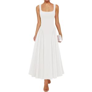 ZESICA Womens Summer Sleeveless Square Neck Vacation Sundress (White, XS)