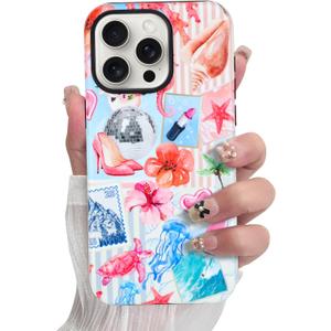 SOKAD Magnetic Summer Collage Phone Case for iPhone 15 Pro Max, Cute Beach Coastal Collage Pattern Compatible with Magsafe Matte Protective Case Cover with Screen Protector for Girls Women
