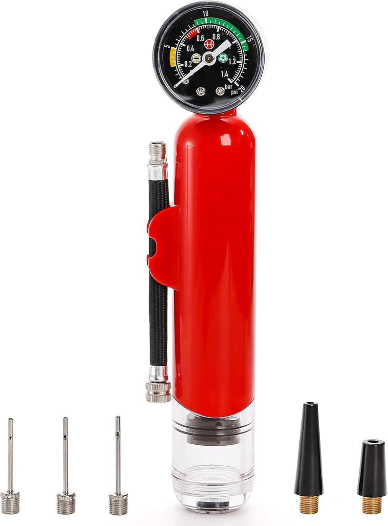 Ball Pump with Pressure Gauge, Dual Action Sports Ball Compact Pump with Needles and Nozzles, Portable Air Hand Pumps Little Pump for Basketball, Football, Soccer Ball, Rugby, Volleyball, Red