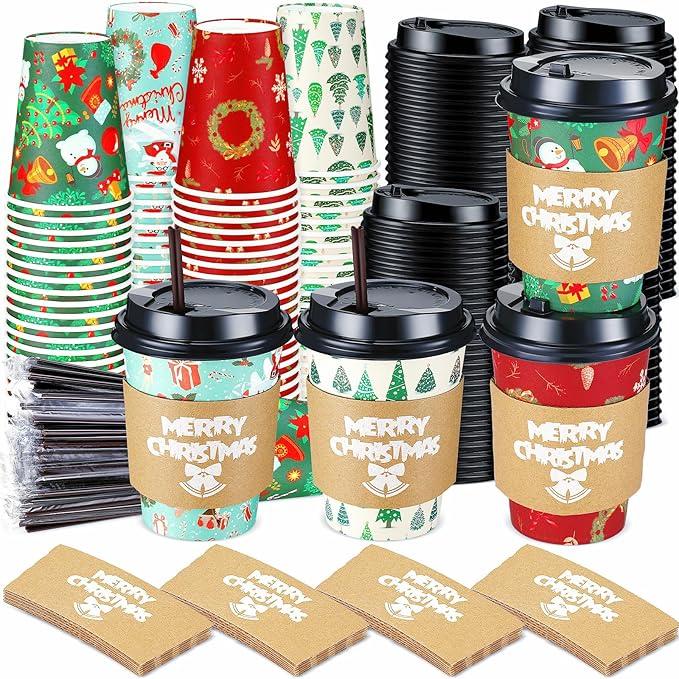Lallisa 100 Sets Christmas Disposable Coffee Paper Cups Bulk with Lids Sleeves & Straws, 12 oz Red and Greenxmas Snowman Coffee Cups for Hot Cocoa Cold Tea Holiday Party Supplies