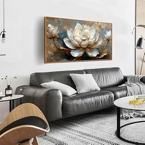 aburaeart Lotus Canvas Wall Art - White Flower Painting - Modern Framed Art Size 24" x 48" for Living Room