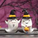 Halloween Decorations Ghost Statues Collectible-Figurines - Halloween Decor Indoor Cute Boo Ghost Sculpture Resin White Ghost With Black Hat Party Supplies Set of 2, 2.5*2*3.5 inch Newman House Studio