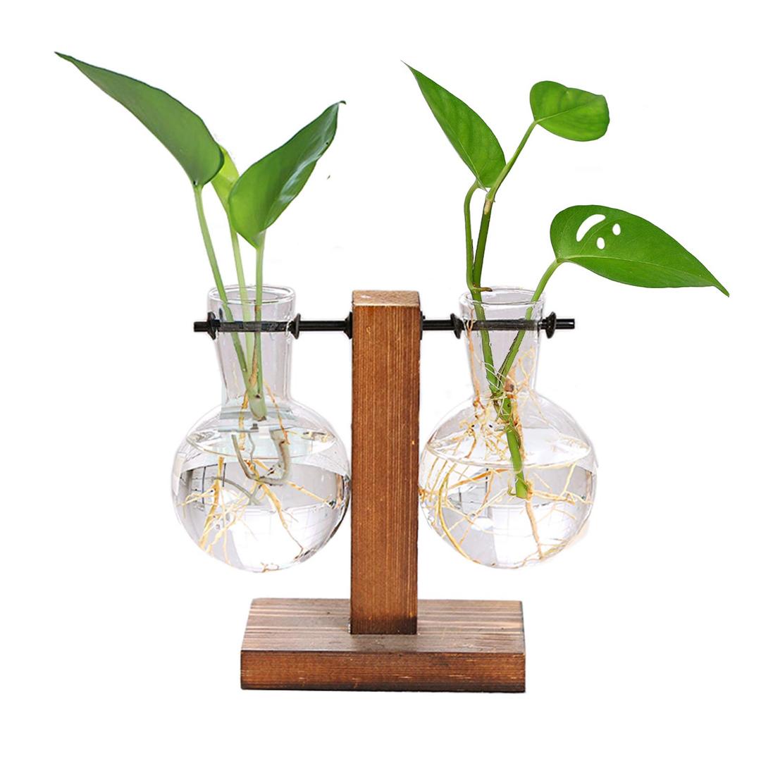 XXXFLOWER Plant Terrarium Wooden Stand, Hydroponic Planter Bulb Glass Metal Swivel Holder Retro Air Plants Water Plants for Home Office Decoration,Gifts for Plant Lover Wife Mom- 2 Love Bulb Vase