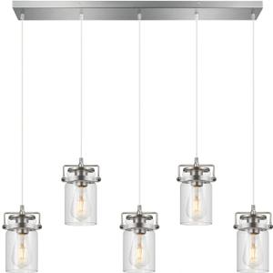 Kitchen Island Lighting, Pendant Lighting for Dining Room Kitchen Island Lighting Farmhouse Chandelier, 5 Light Hanging Linear Chandelier Brushed Nickel Pendant Lights with Clear Glass Shades