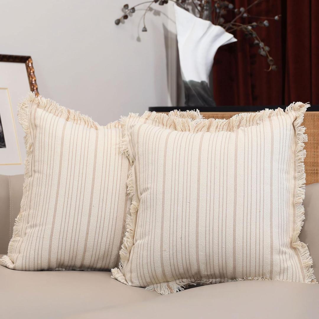 BOYSUM Khaki Fringes Throw Pillow Covers 18x18 Inch Decorative Farmhouse Pillow Covers Striped Boho Neutral Indoor/Outdoor Accent Couch Pillow Case Set of 2 (18x18 Khaki)