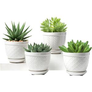 Sureasy Ceramic Plant Pots, 4.7 Inch Flower Pots for Indoor Plants, Succulent Pots with Saucer and Drainage Hole, Decorative Planter for Succulent, Cactus, Set of 4, White
