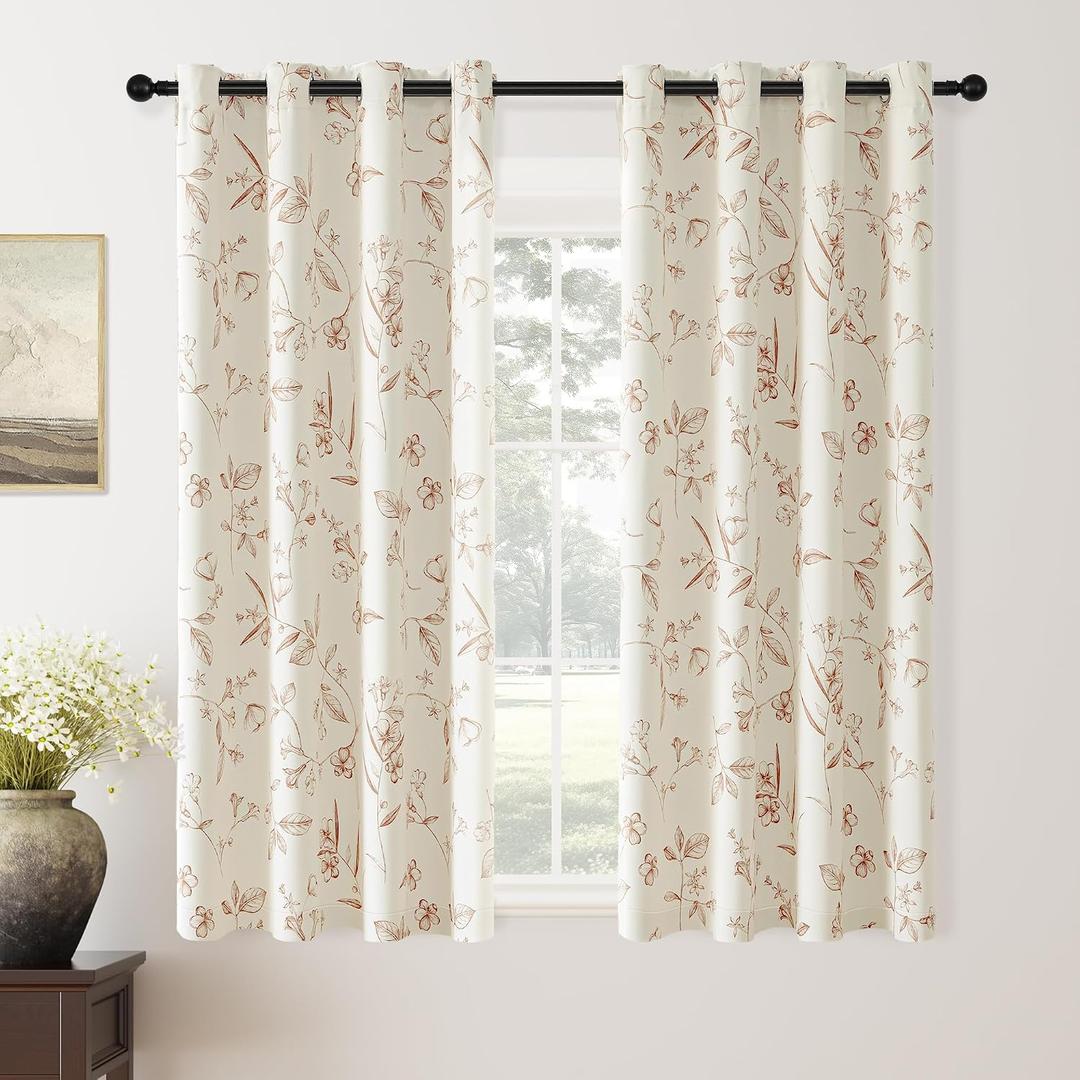 ChrisDowa Beige 100% Blackout Floral Curtains 63 Inches Long 2 Panels for Bedroom Living Room Brown Flower Patterned Room Darkening Thermal Insulated Soundproof Grommet Window Treatments Drapes,52X63