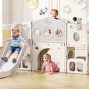 Babytronic Toddler Slide Set, 8 in 1 Kids Slide with Climber, Indoor Outdoor Slide for Toddlers Age 1-3, Toddler Playset with Basketball Hoop and Tunnel, Toddler Indoor Outdoor Playground (White&Gray)